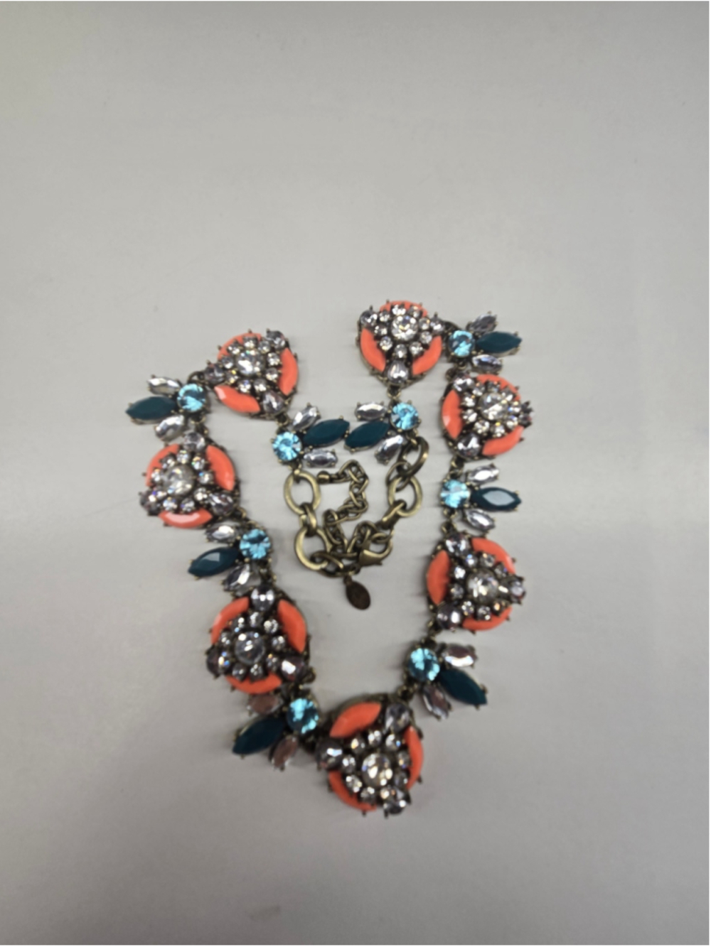 Vintage Joan Rivers Statement Necklace Orange Teal Glass Crystals Luxury Floral - Picture 9 of 11